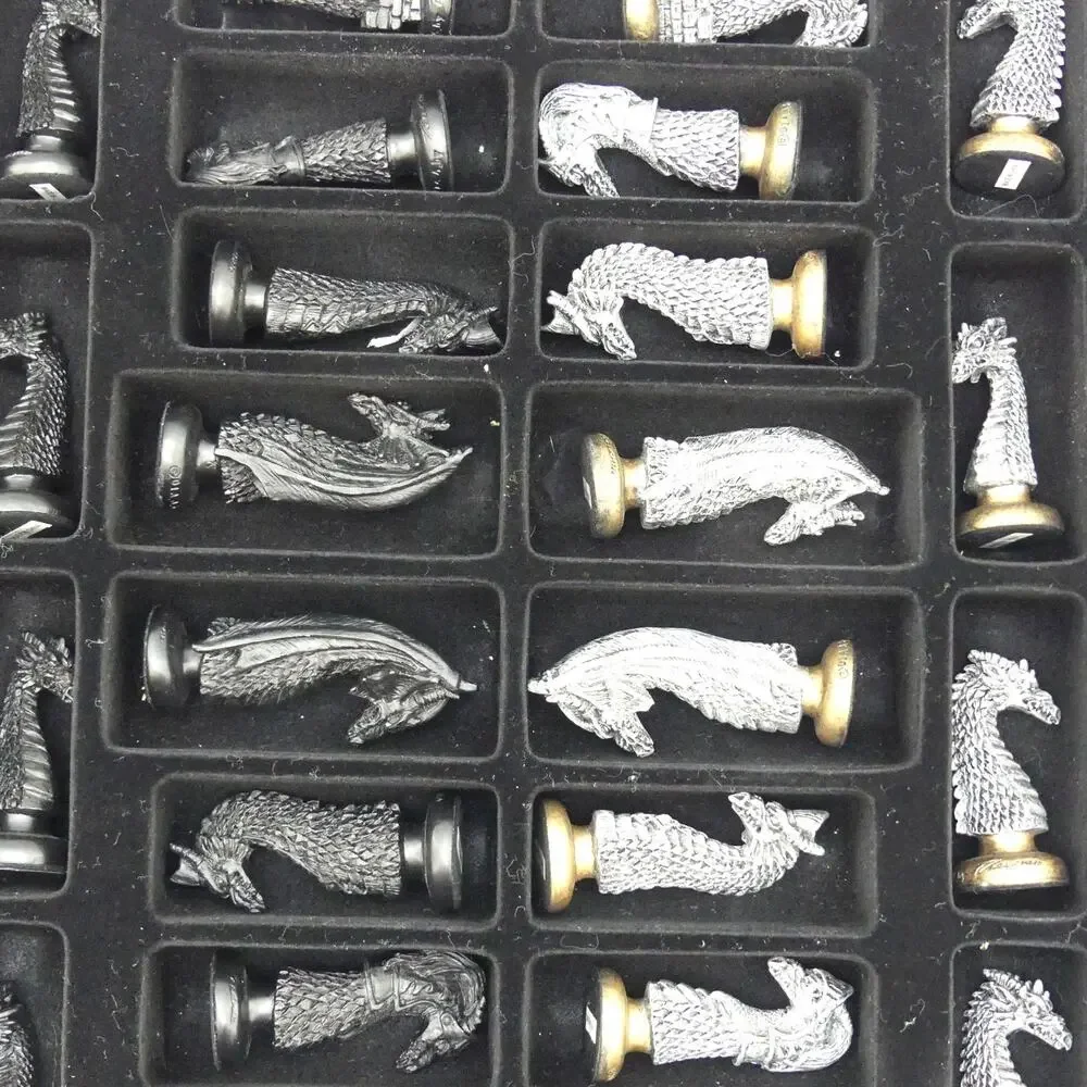 2001 The Chessmen Dragon Chess Set by W.U. #FI260 Black/Pewter Hand Painted